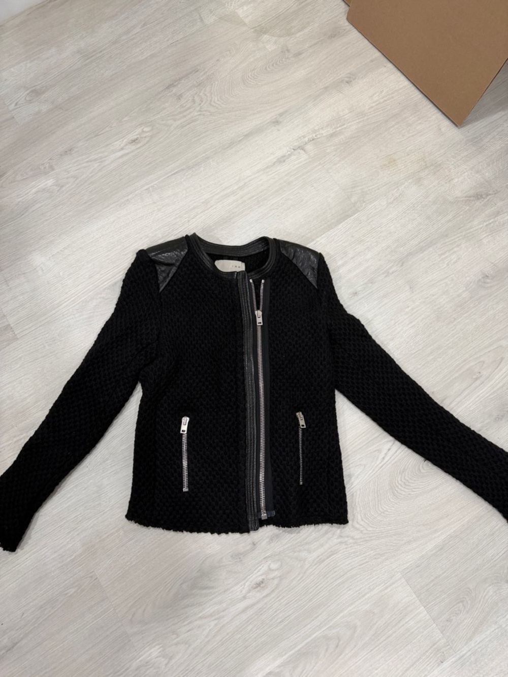 IRO Black Textured Zip Jacket with Faux-Leather Shoulders